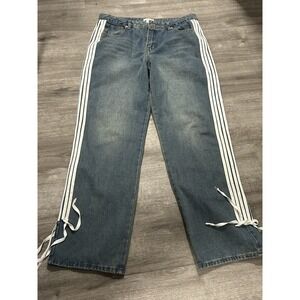 Women's Forever 21 Denim 5-Stripes Track Pants Sz 31 Wide LegY2K Blokette Jeans